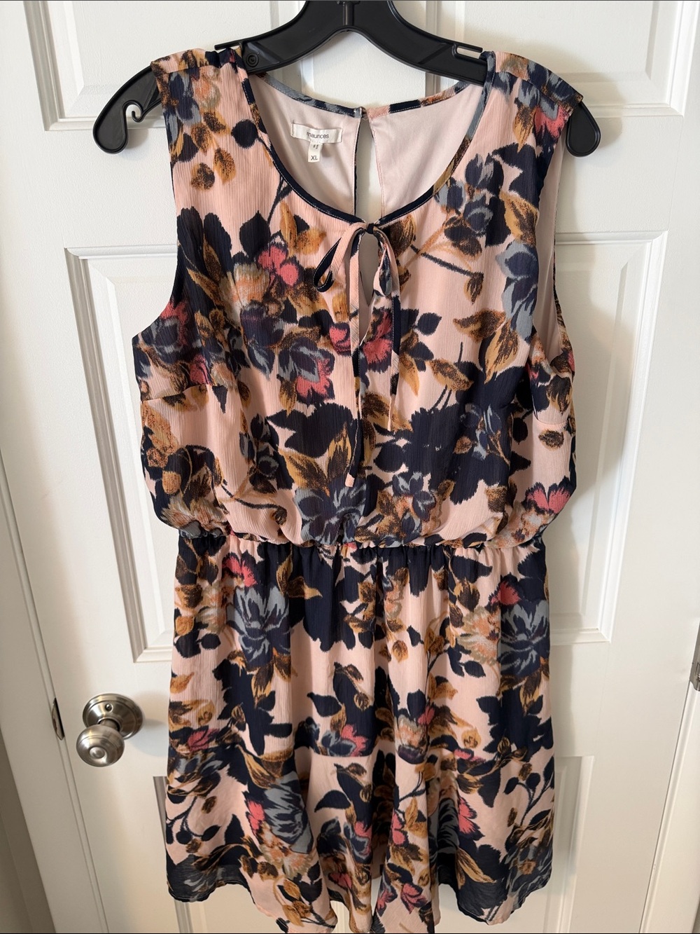 Maurices Dusty Pink & Navy Blue Floral Chiffon Mini Dress Elasticized Waist XL